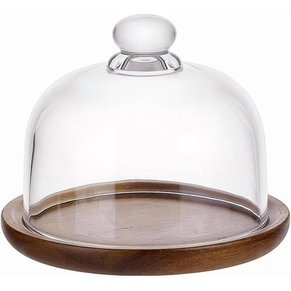 Mini Acacia Wooden Cake Stand with Glass Dome Small Cloche Clear Bell Jar Cover Cake Glass Dome with Base for Kitchen Baking Gifts 6×6×4.9inches
