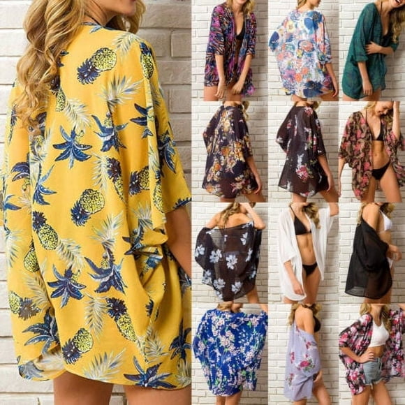 Women Chiffon Floral Kimono Beach Cardigan Bikini Cover Up Swimwear Short Dress