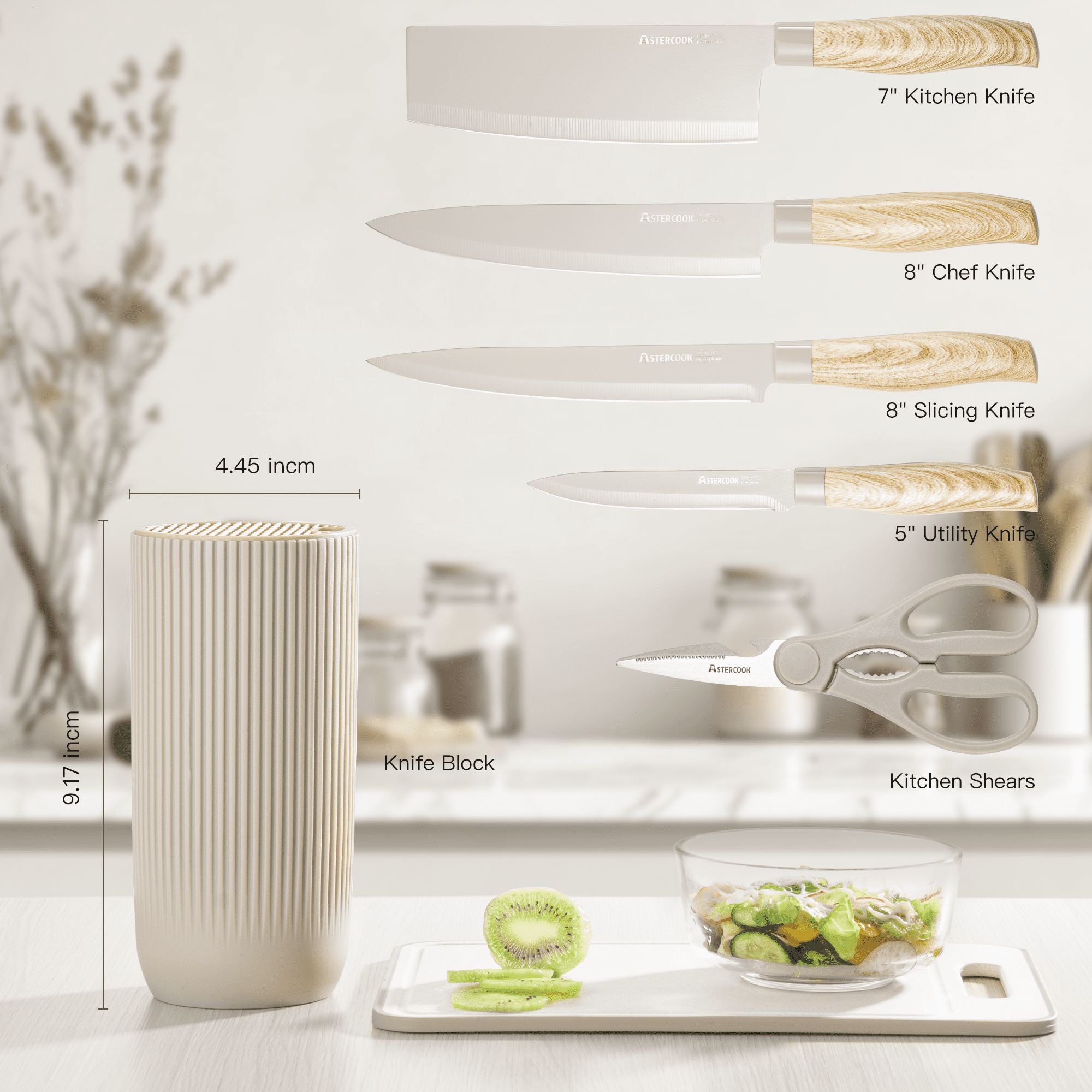 Astercook 6 Piece Beige Knife Set, Kitchen Knives Block Sets with Healthy Anti-Rust Coating, Stainless Steel Chef Knife Set Dishwasher Safe, Perfect Holiday Gifts for Kitchen