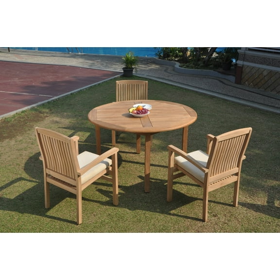 Grade-A Teak Dining Set: 3 Seater 4 Pc: 52" Round Table And 3 Wave Stacking Arm Chairs Outdoor Patio WholesaleTeak #WMDSWVm