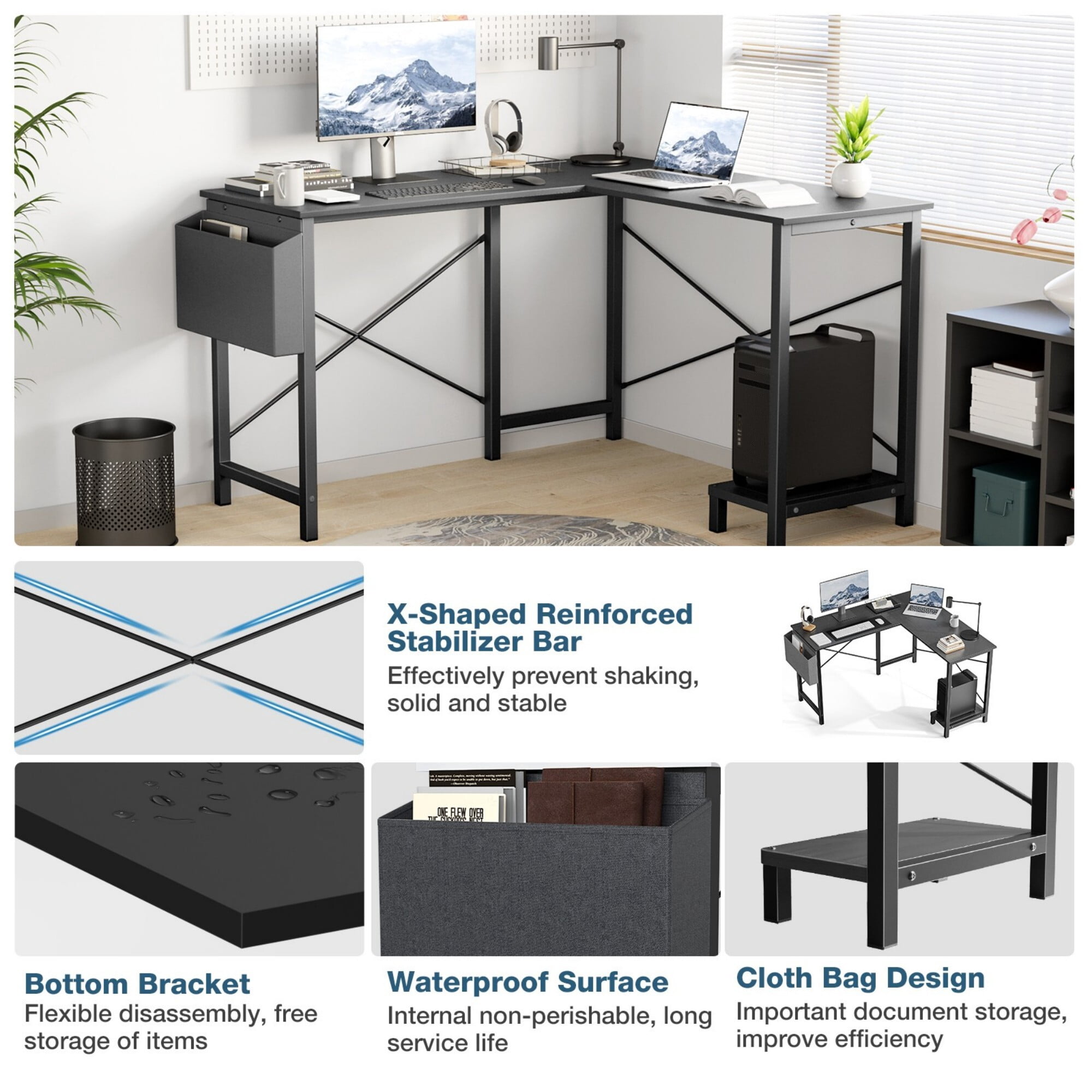 AENKYO 50" Reversible L-Shaped Computer Desk with Storage Bag & CPU Stand, Corner Desk for Home Office or Gaming, Black