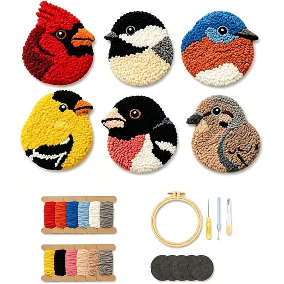 DIY Bird Coasters Punch Needle Kit,for Beginners Stress Relief Craft Set Including Yarns Hoop Tools Instructions for Adults Home Decor