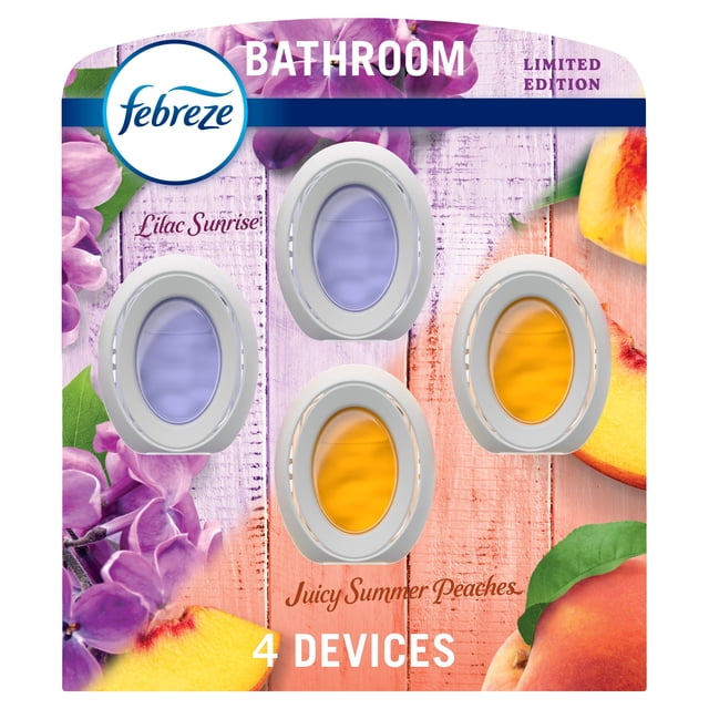 Febreze Bathroom Air Freshener, Odor-Fighting, Lilac Sunrise and Juicy Summer Peach Scents, 4 Count