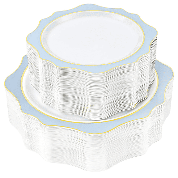 Goodluck 100 PCS Disposable Round Plastic Plates Set, White Plates with blue Scalloped Rim, Includes 50 Dinner Plates and 50 Dessert Plates for Party, Wedding, Graduation