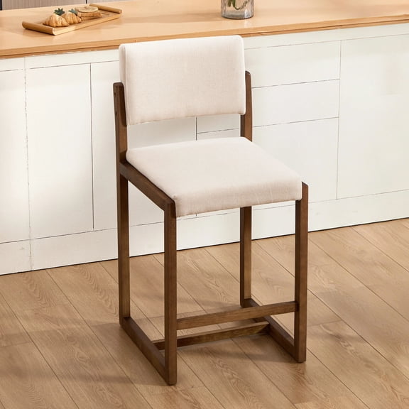 Lessmore Counter Height Bar Stool with Backrest, Solid Wood Frame Linen Upholstered Kitchen Island Stool Dining Chair