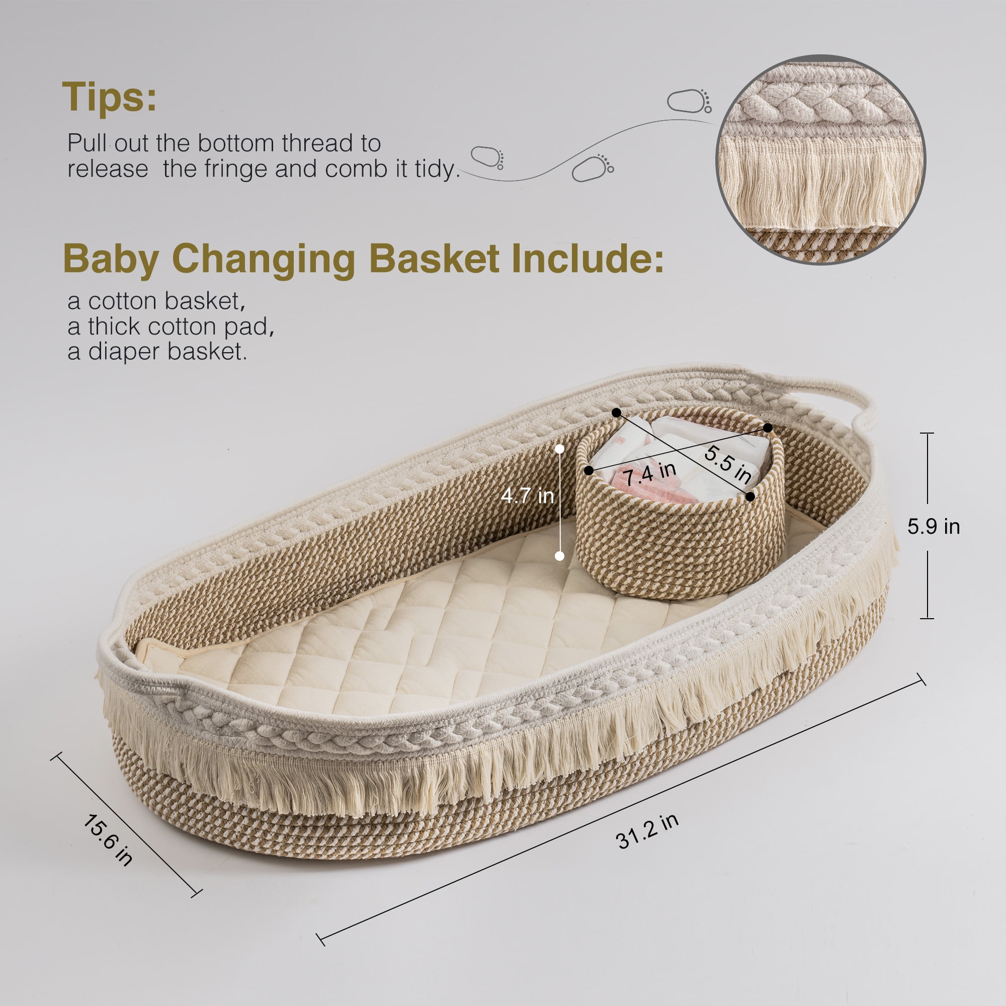 UBBCARE Baby Changing Basket, Cotton Rope Moses Basket for Newborn, Foam  Pad Changing Basket with Waterproof Cover, Unisex Changing Table Topper for