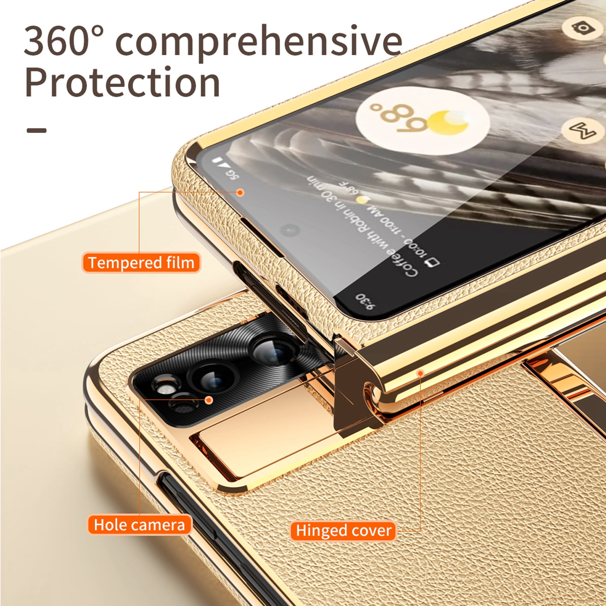 Dteck for Google Pixel Fold Case with Built-in Tempered Glass Screen Protector, Full Body Hinge Protection Shockproof Case with Pen Slot for Pixel Fold, Gold