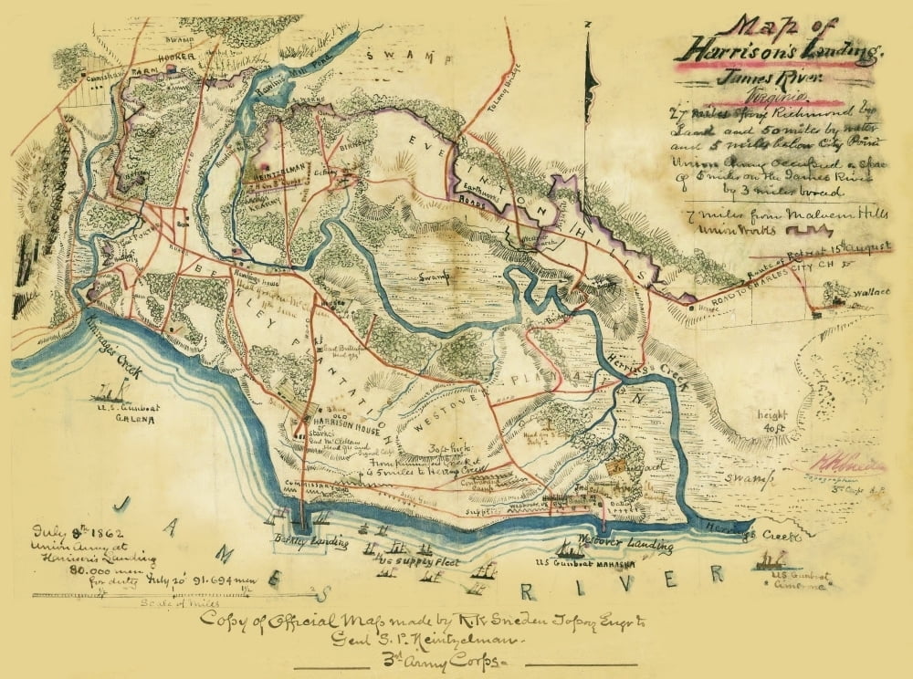 Map of Harrison's Landing James River Virginia Poster Print by Robert