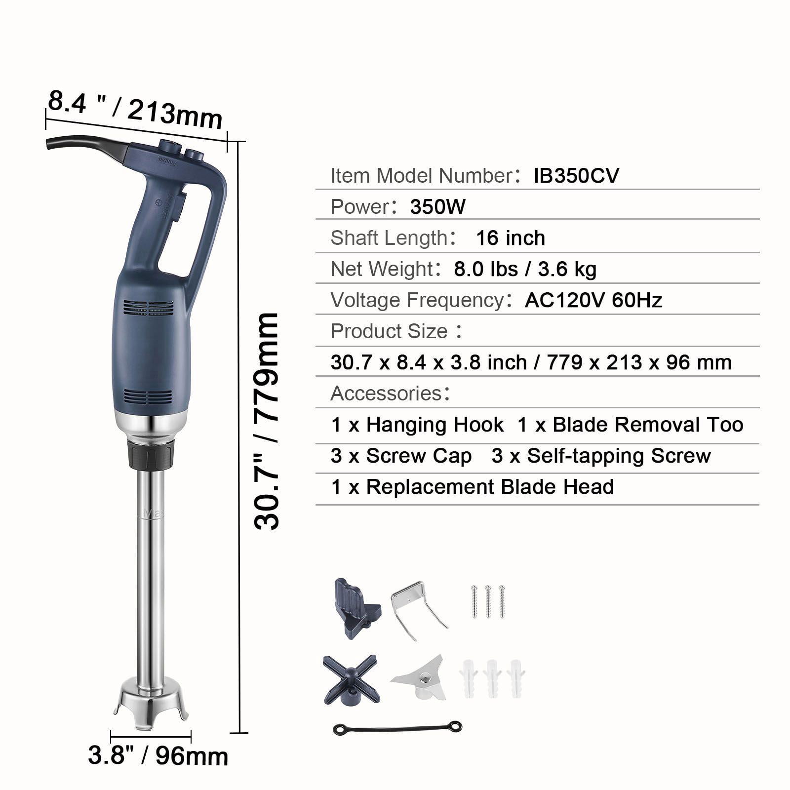 350W High Power Commercial Handheld Blender 16 Inch Variable Speed Stainless Steel Blades Portable Multifunctional for Soups Sauces Mashed Potatoes Cream
