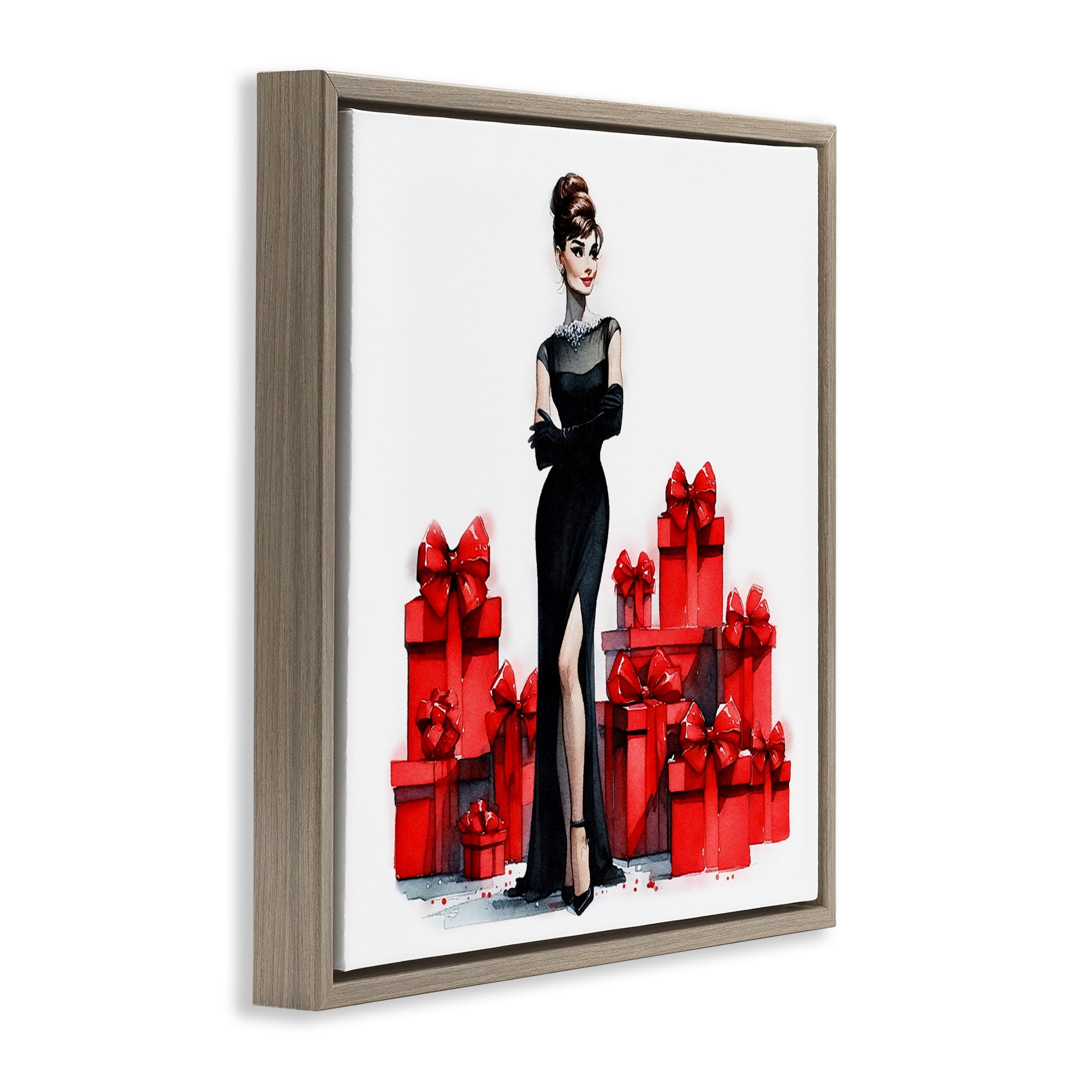 Stupell Industries Elegant Woman & Gifts Holiday Painting Brown Floater Framed Canvas Art Prints Wall Art, 18 x 18