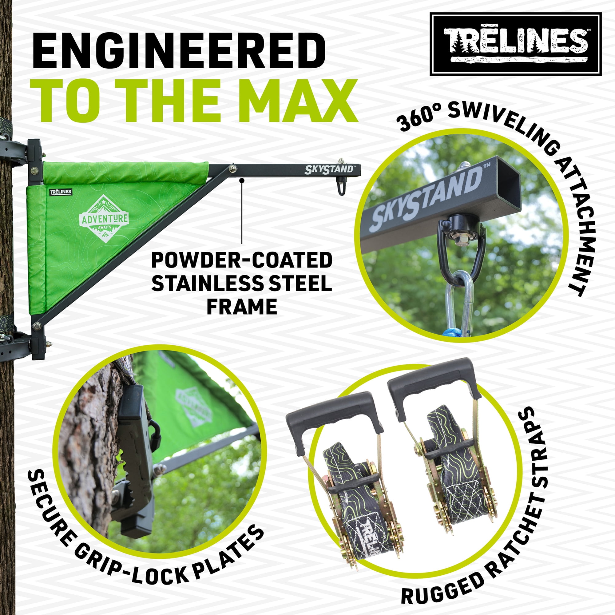 Trelines: SkyStand Swing Support - Tree Mount Frame Attaches to Trunk Base, Outdoor Swing Accessory, 360 Degree Swivel, Rachet Straps, Supports 500lb