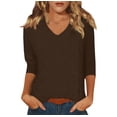 thumbnail image 2 of Qwertyu Womens Tops 3/4 Sleeve T-shirts for Women Casual V-Neck Three Quarter Length Sleeve Fashion Loose Basic Tops Brown L, 2 of 6
