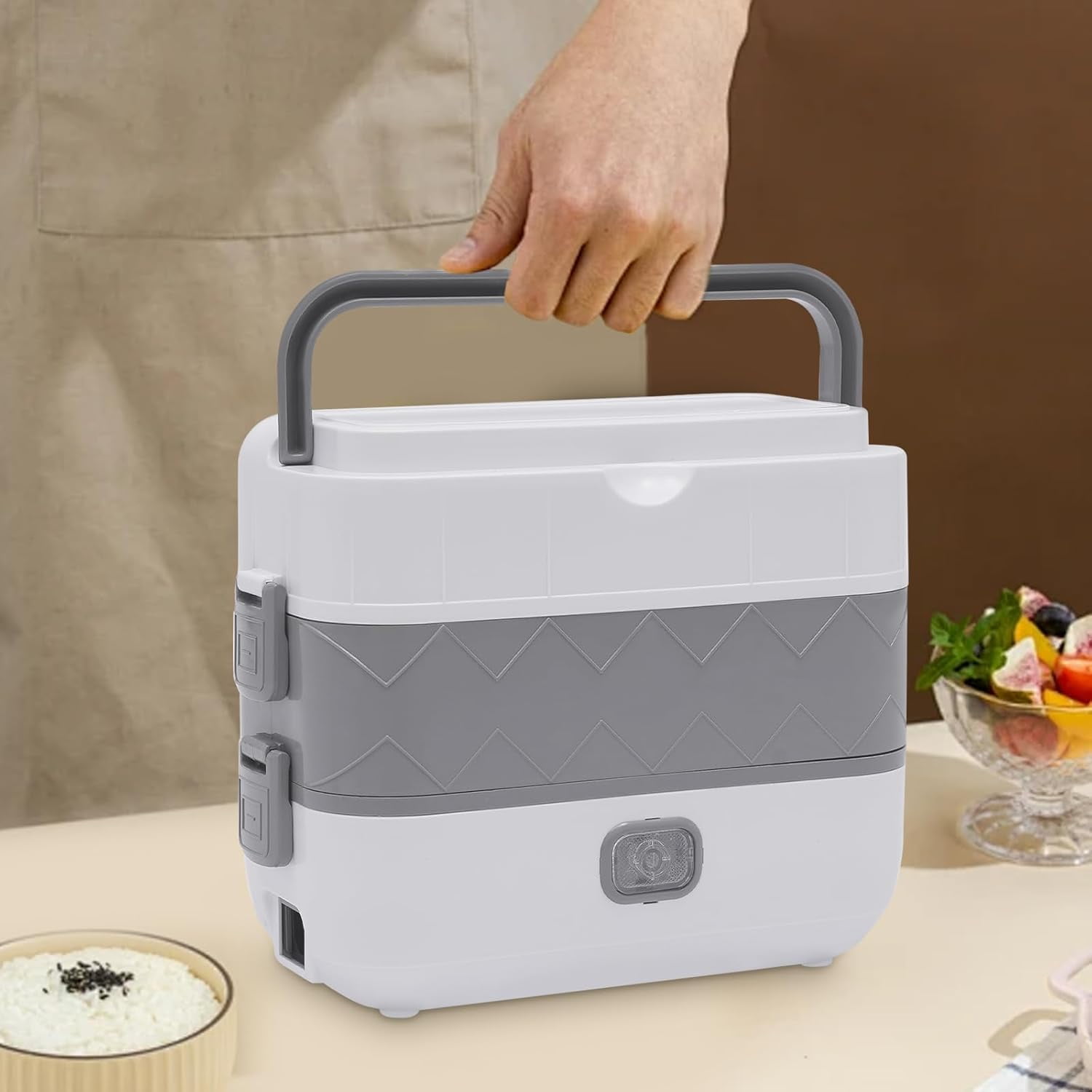 200w Electric Lunch Box Food Warmer,110v Portable lunch box warmer 2 Tiers White+Grey Heated Lunch Box with 201 Stainless Steel Container