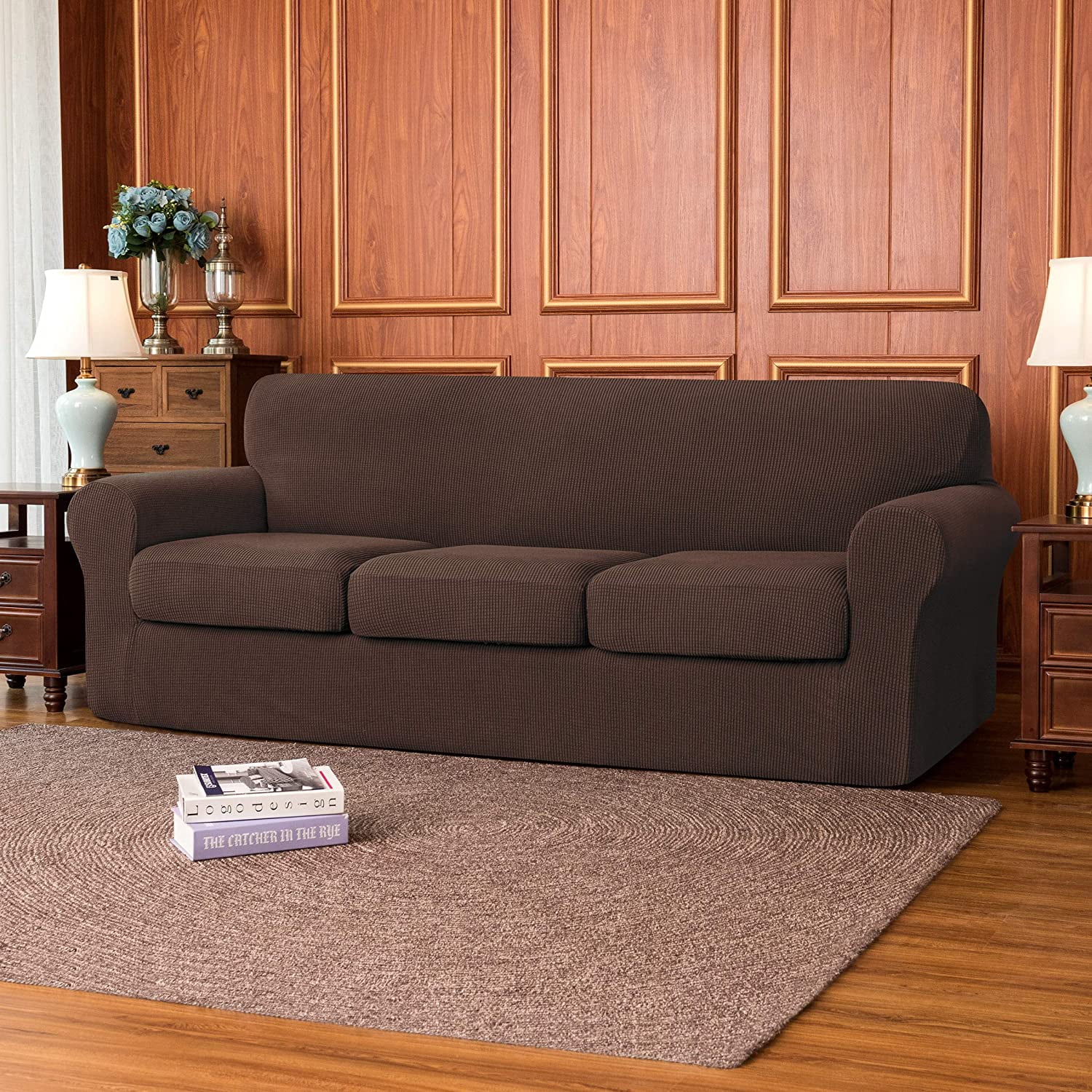 Subrtex 4-Piece Stretch Textured Grid Sofa Cover Slipcover,Separate Cushion Cover(Chocolate, Sofa)