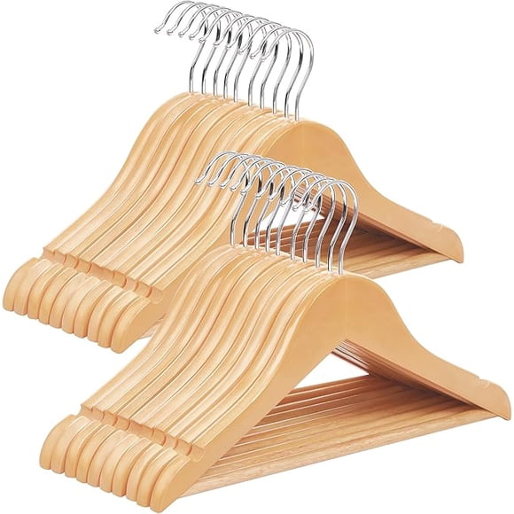 SONGMICS Perchas de madera para niños, paquete de 20 perchas de madera maciza para bebés, perchas para niños con barra para pantalones, muescas de hombro, ganchos giratorios, 12.6 x 7.5 pulgadas
