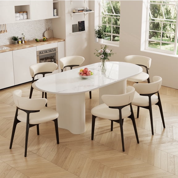 71" Modern Oval Dining Table for 6, Glossy White Sintered Stone Dining Tabletop with Wooden Dual-Pedestal, Round Dining Room Table for Kitchen (Table Only)