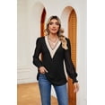 thumbnail image 2 of Women's V-Neck Lace Patchwork Loose Long Sleeve Knit Cotton T-shirt for Autumn/Winter, 2 of 8
