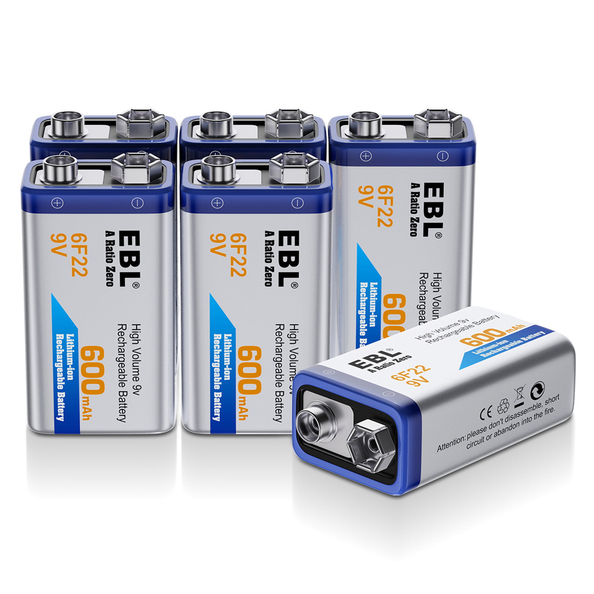 EBL 12 Pack 6F22 600mAh 9V Lithium-ion Rechargeable Batteries with 4 Bay 9V  Li-ion Battery Charger 