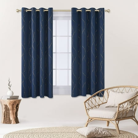 Blackout Curtains 63 Inch Length For Bedroom Room Darkening Ds Living Grommet Top 52w X 63l Navy Blue 2 Panels Gold Wave Line And Dots Printed Canada Blackout Curtains 63 Inch Length For, Navy Grommet Curtains 63
