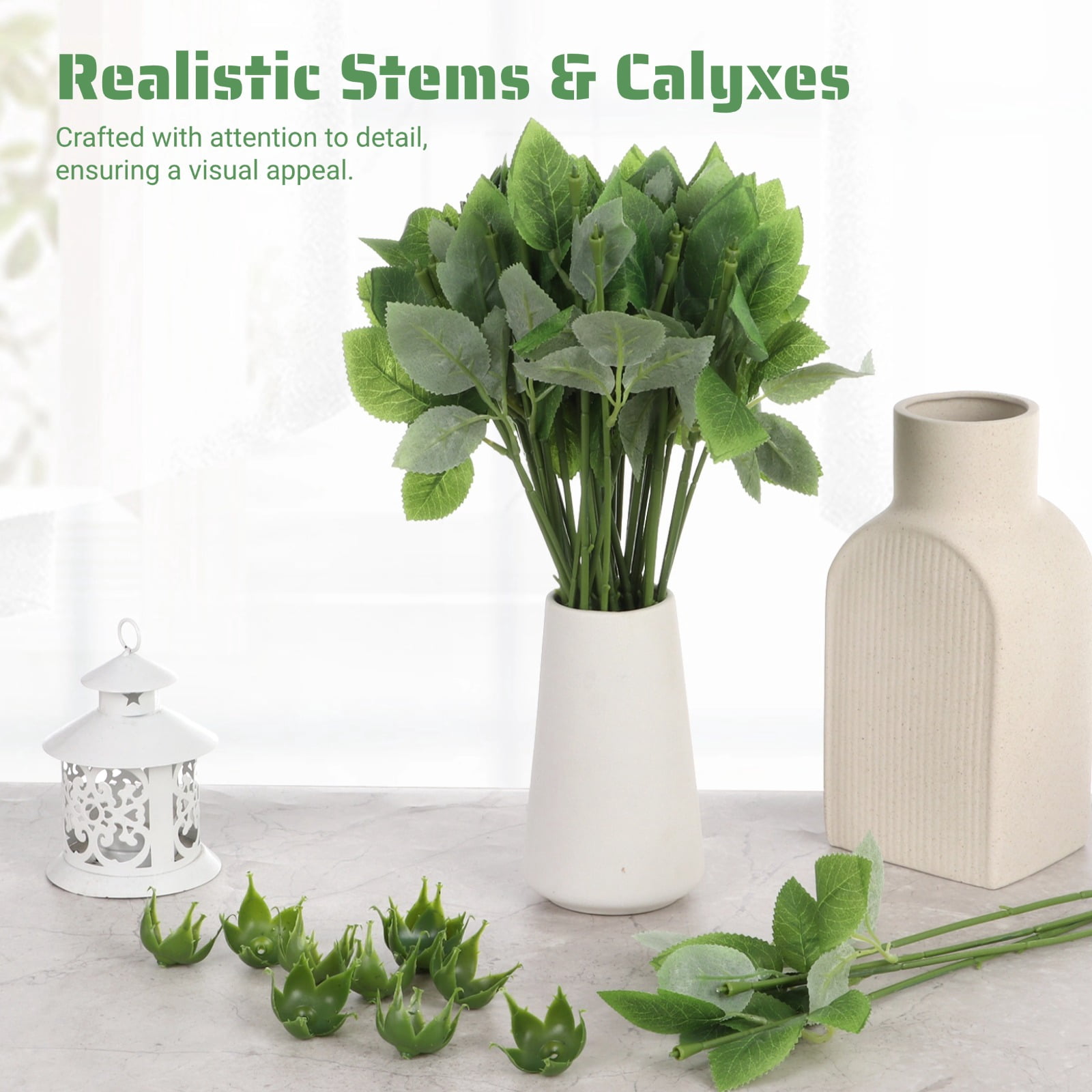 100 Pcs Rose Stems with Leaves,Fake Flower Stems,Faux Green Leaves Stems,Floral Arrangement Supplies,DIY Artificial Flowers Tools for Bouquet Wedding Party