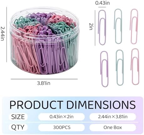 Macaron Colored Paper Clips,Pastel 2 Inches Jumbo Large,300pcs Big Cute Paper Clips for Office Supplies, Durable and Rustproof