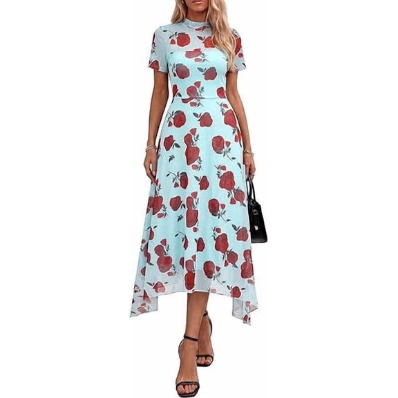 PRETTYGARDEN Cocktail Dresses for Women Summer Short Sleeve Floral Mesh Sheer Midi Party Wedding Guest Dress