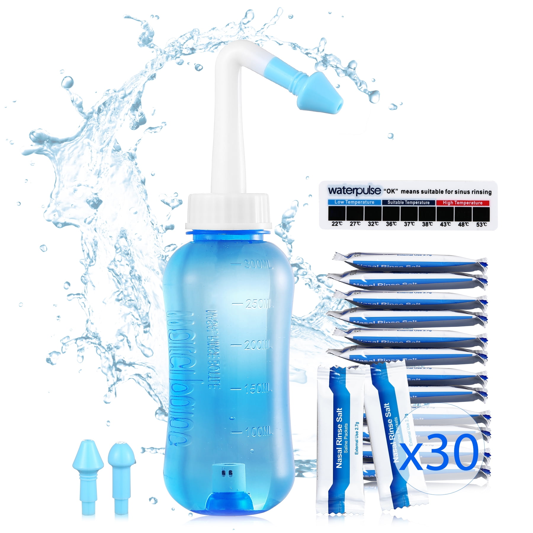 Neti Pot Sinus Rinse Wash Bottle Nose Cleaner Pressure Nasal Irrigation for Adult & Kid, 300 ML with 30 Nasal Wash Salt Packets and Sticker Thermometer BPA Free
