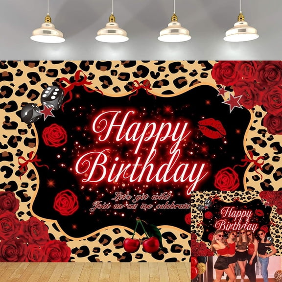 Red Cheetah Happy Birthday Backdrop Y2K Cherry Rose Birthday Background for Mama Women Girl Night Birthday Party Decorations Banner Supplies Photo Booth Props