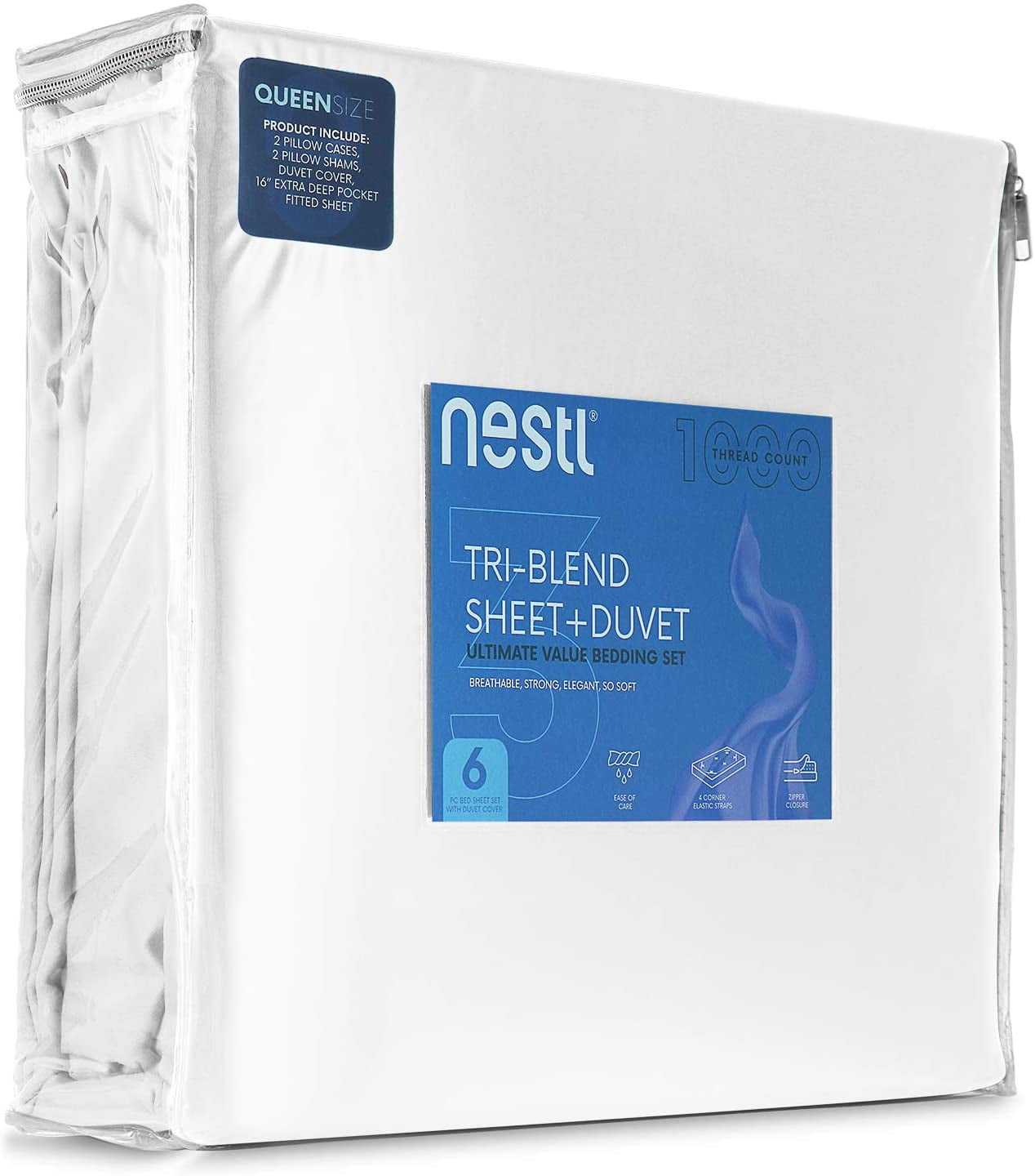 Nestl® 1000 Thread Count Premium Cotton Blend 6 Piece Duvet Cover Set, Includes Duvet Cover, Deep Pocket Fitted Sheet, 2 Pillow Cases, 2 Pillow Shams - Lightweight, hypoallergenic - Queen, White
