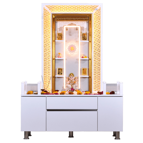 5' x 4' Premium White Mandir with wide cabinet and shelves