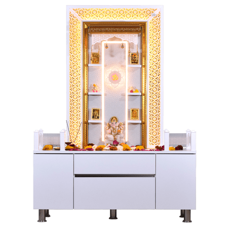 5' x 4' Premium White Mandir with wide cabinet and shelves