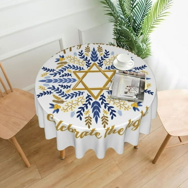 Happy Han-ukkah Je-wi-sh Chanukah Holiday Tablecloths Round Tablecloth Waterproof Table Cloth Stain-Resistant For Party Decoration 60 Inches
