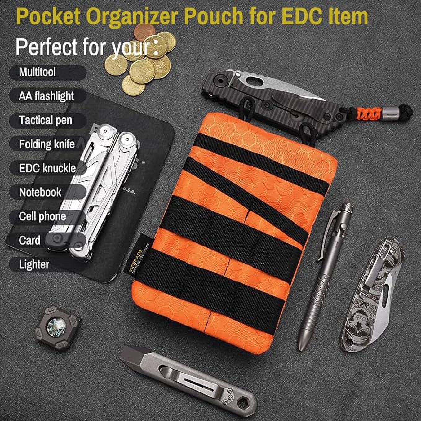 VIPERADE VE3-P Pocket Organizer Pouch, EDC Pocket Organizer Men with DIY Patches Area, EDC Organizer Pouch with 4 Tool Storage EDC Pouch for Flashlight, Pocket Knife, EDC Pen, EDC Gear -Orange