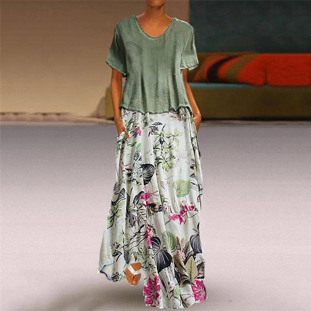 Psunrise Women Loose Vintage Floral Print Patchwork O-Neck Two Pieces Plus Size Pockets Maxi Dress Vestido 