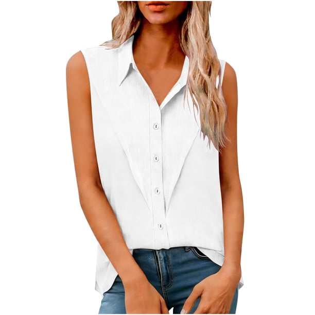 Mujeres de Verano Tank Tops Suelto Ajuste Solapa Botón Delantero sin Mangas Blusa Imitación Lino Casual, Verano Manga Larga Tops para Mujeres