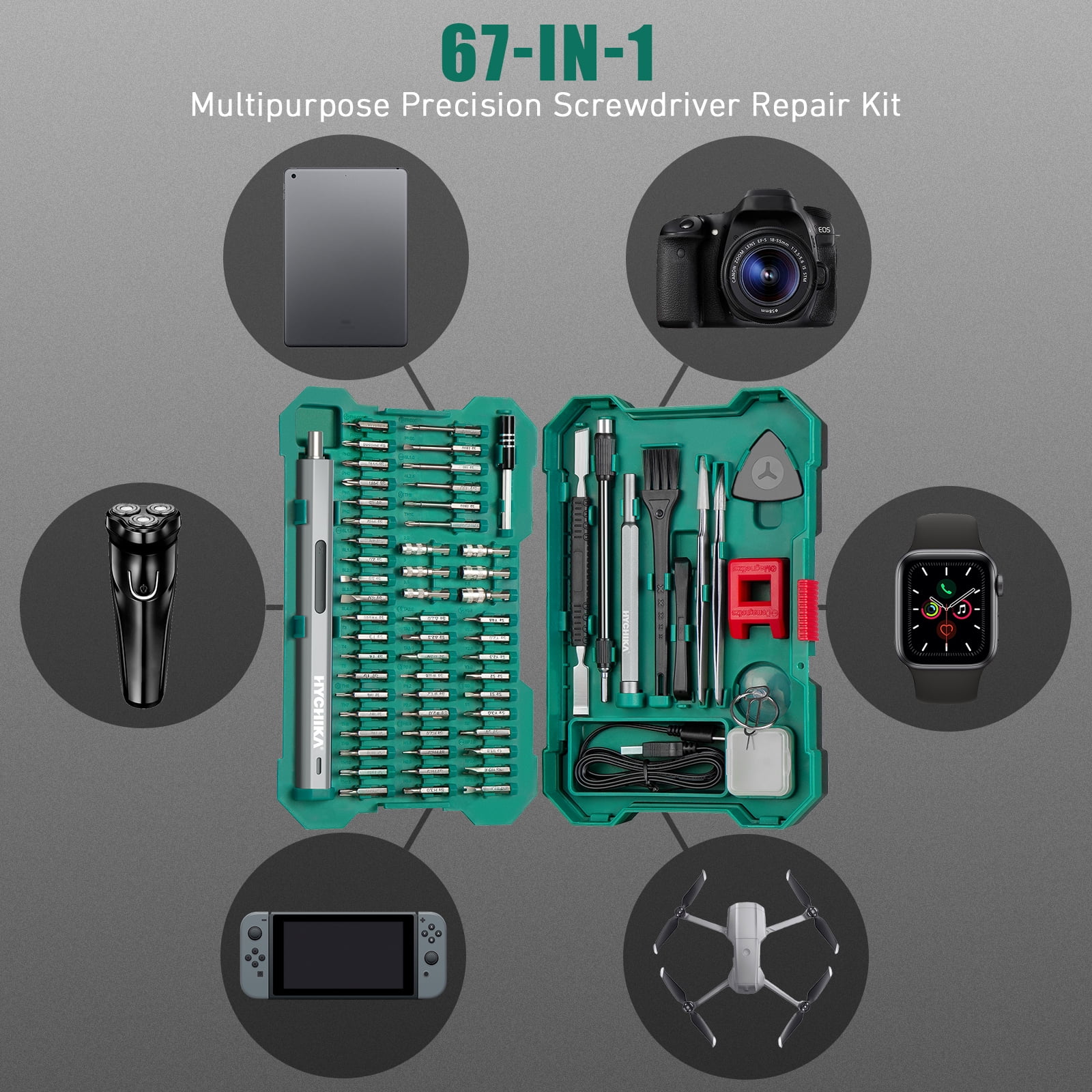 HYCHIKA 67-in-1 3.7 Volts Cordless Mini Precision Electric Screwdriver Set with 46 Magnetic Bits, Manual & Electric 2-in-1 LED Lighting Rechargeable Repair Tool for Phone Watch Camera Laptop