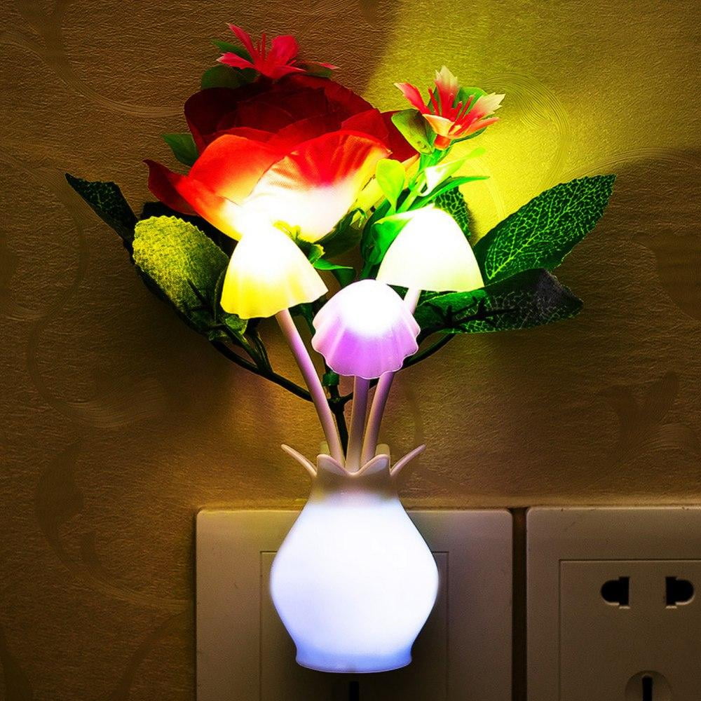 US Plug LED Color Change Light Sensor Mushroom Flower Plant Potted Night Lamp 
