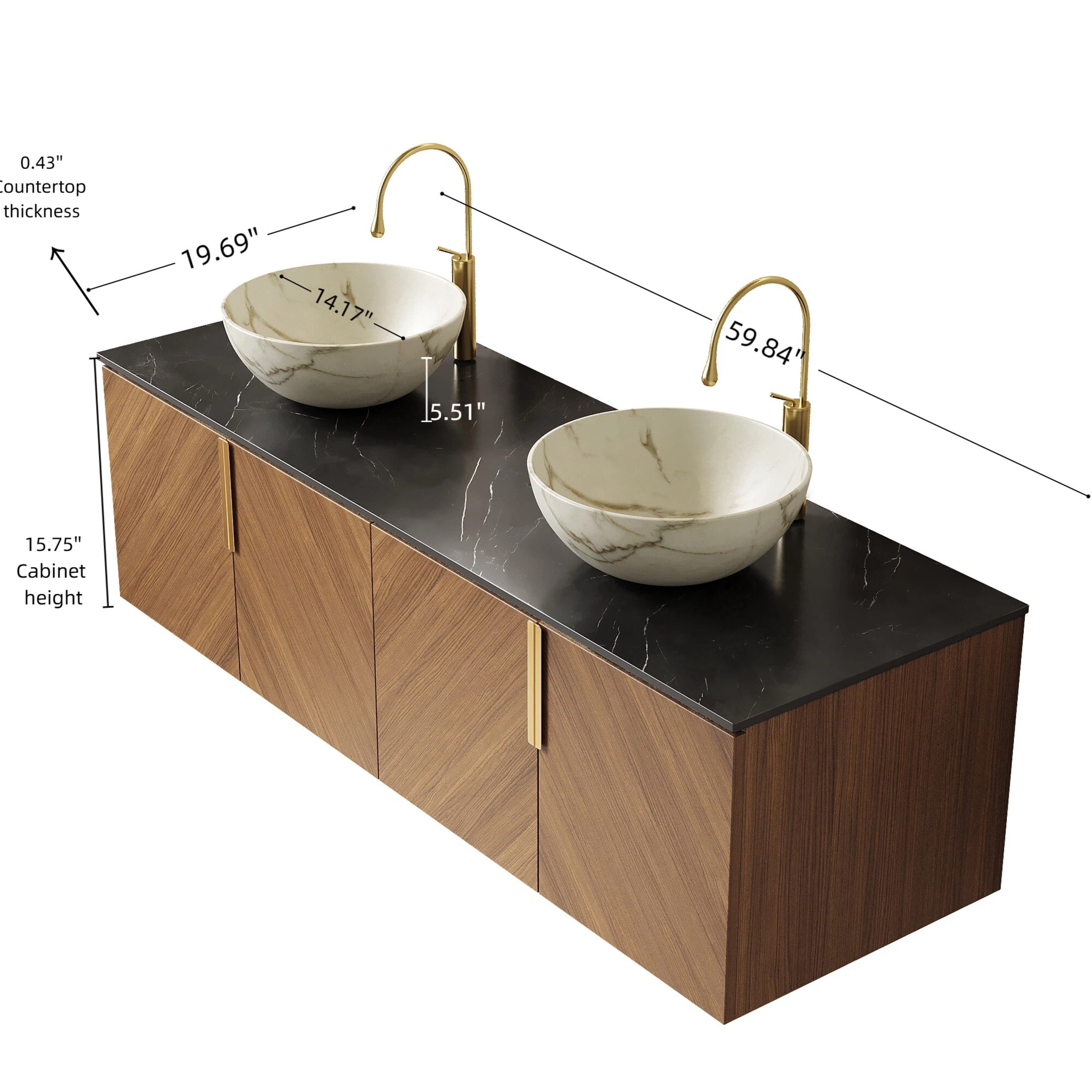 Noble House ARAI 60" Floating Double Bathroom Vanity, Sintered Stone Top Cabinet with Dual White Bowl Sink, Oak