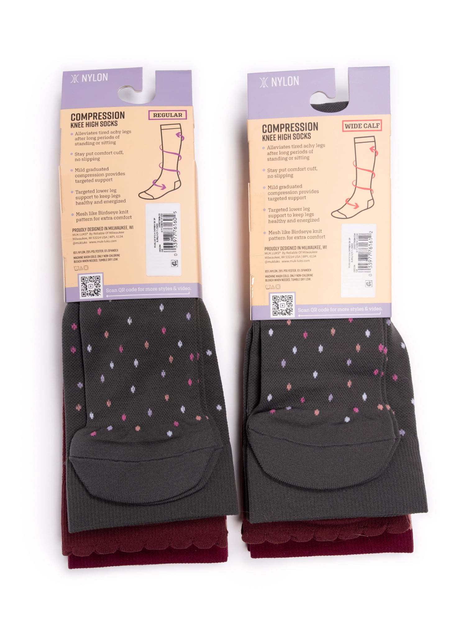 MUK LUKS Women's Wide Width Compression Nylon Knee-High Socks, 3-Pack, Shoe Size 6-10