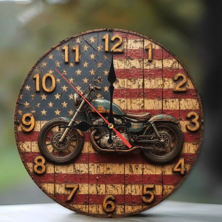 Lancholy American Flag Motorcycle Wall Clock Vintage Decor 10-Inch Wooden Wall Clock, Silent Movement, Battery Operated (AA Batteries Not Included), Artistic Home Decor, Perfect for Home Accents