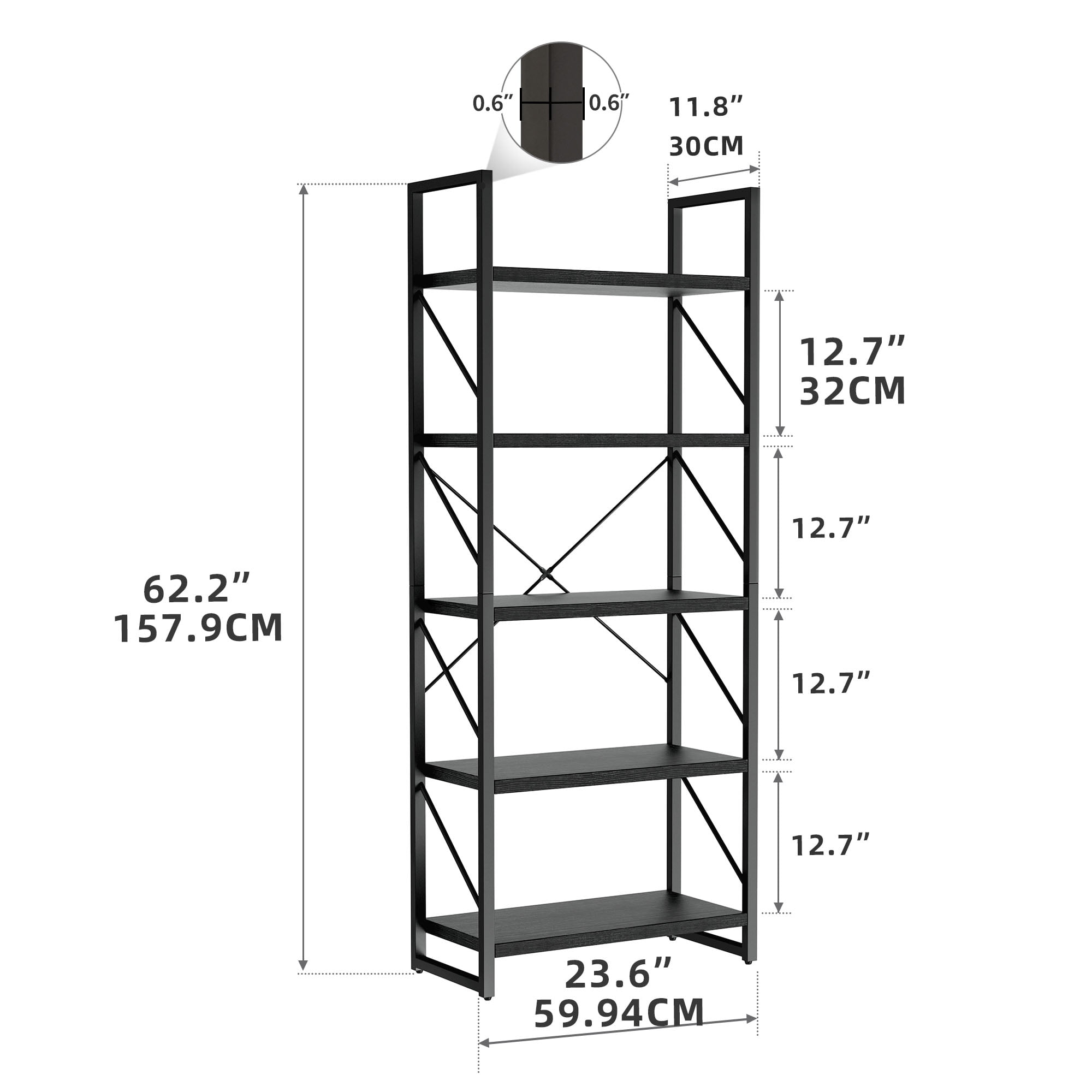 Dextrus 5-Tier Bookshelf, Ladder Bookcase, Industrial Freestanding Book Shelf Modern Open Display Storage Organizer Book Shelves for Bedroom, Living Room and Home Office, Black