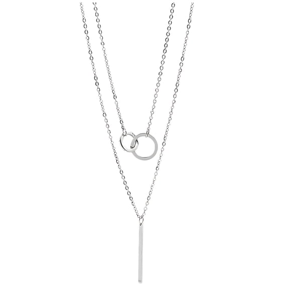 Layered Linked Circles and Bar Pendant Chain Necklace for Women by Ginger Lyne Silver Tone Stainless Steel