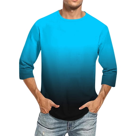 Jessboyy Mens Three Quarter Length Sleeve Tees Casual Gradient Shirt for Men Spring Summer Beach Tshirt Loose Fit Crewneck 3/4 Sleeve Shirts Blue XL