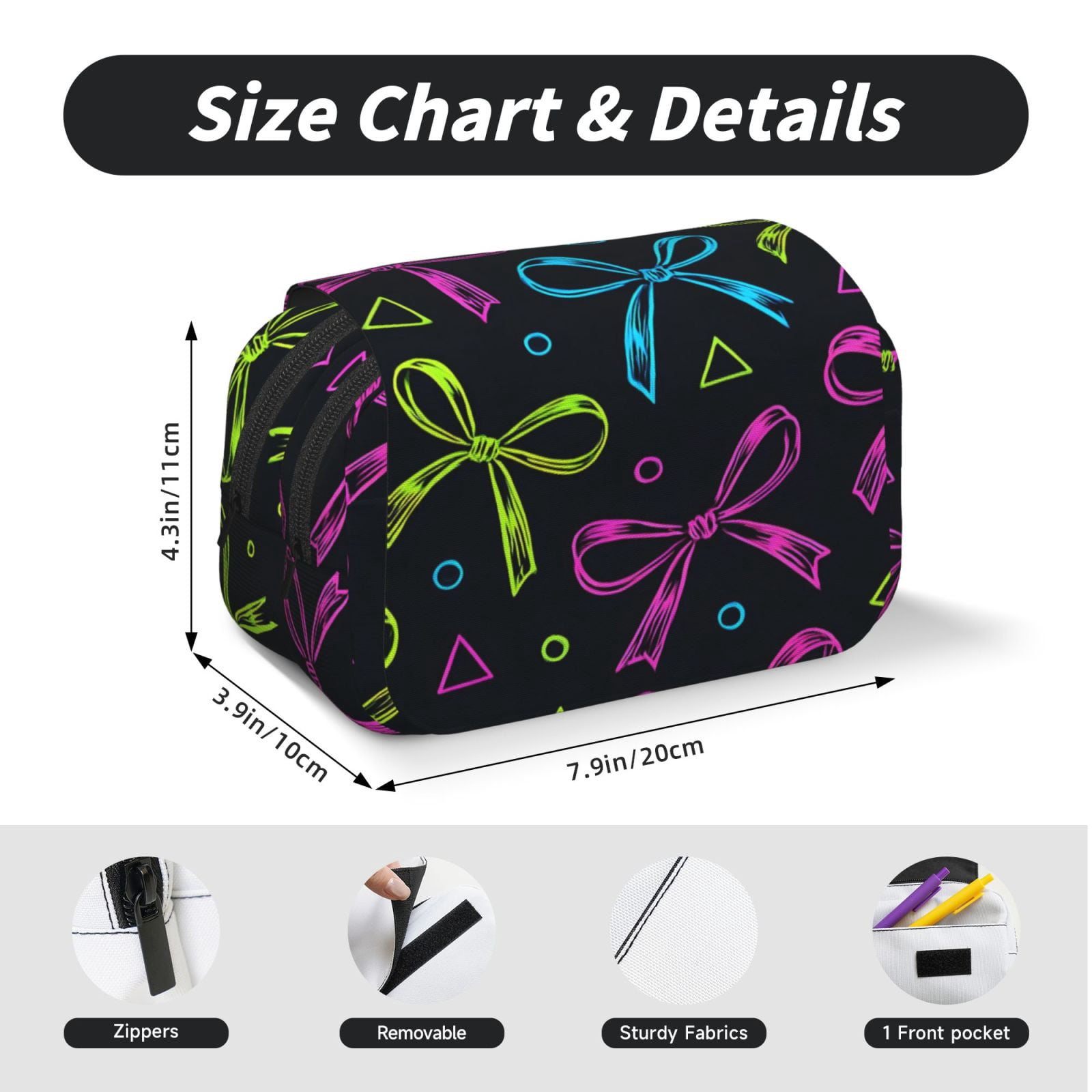 Large-Capacity Flip-Top Double-Layer Pencil Case, Multi-Functional Pocket Pen Case, Durable Stationery Organizer Bold Thin Neon Contemporary Ribbon Bow Pattern