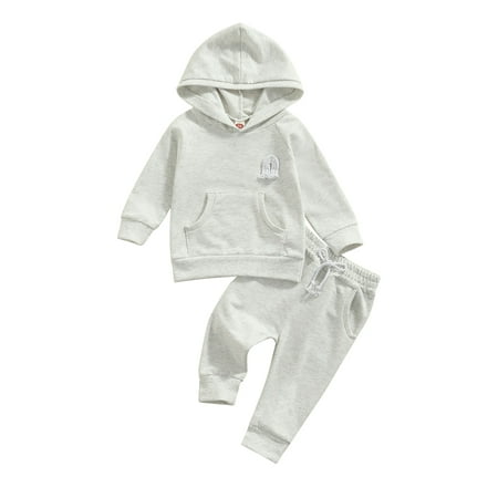 

Fanvereka Baby Hooded Solid Color Sweater + Pants Big Pocket Decoration Elastic Waist