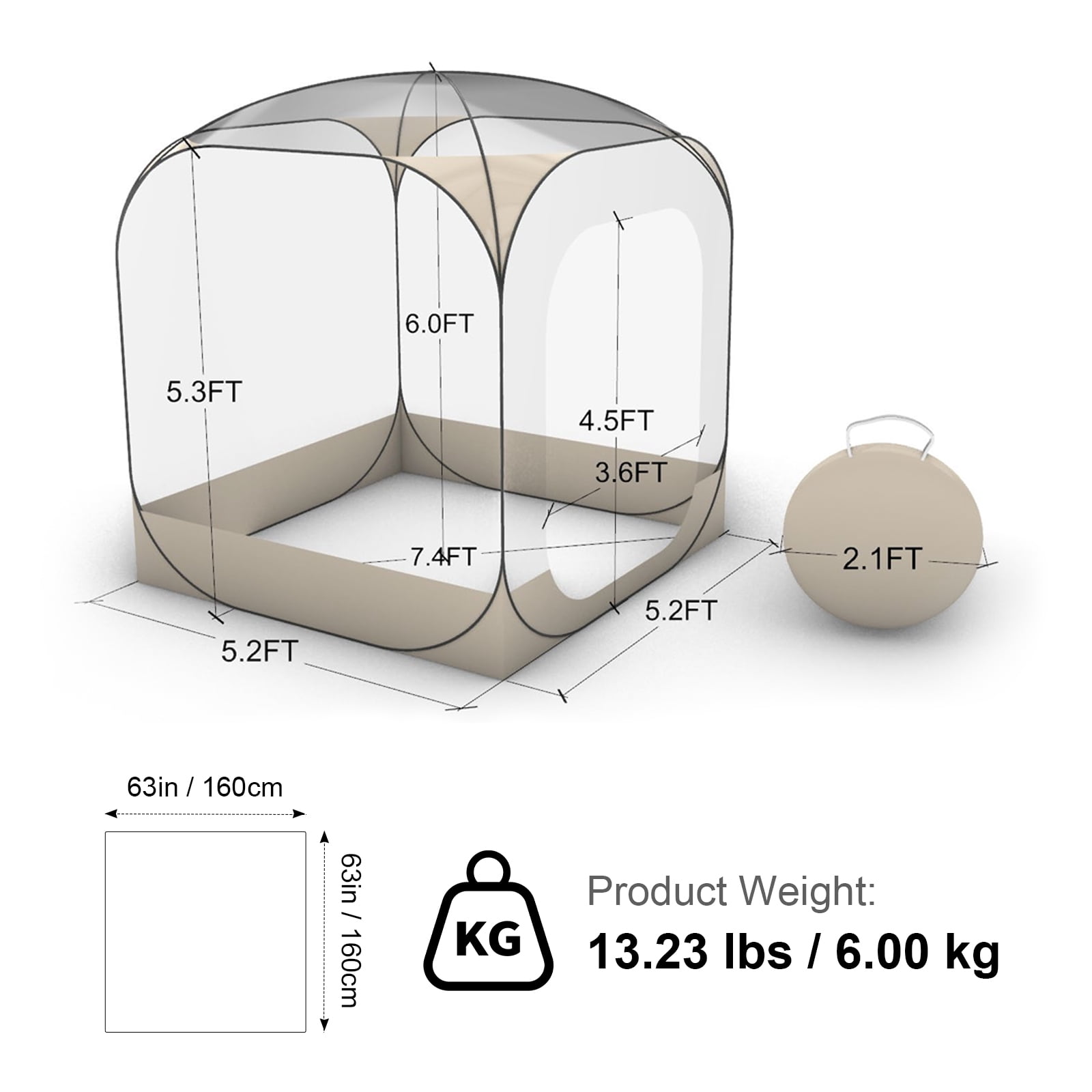 KFFKFF Pop-Up Sports Tent, 63x63 in Clear Outdoor Shelter for 2-4 People, Waterproof Pod with Floor Mat & Top Cover, Garden Dome Tent for Camping, Events, Fishing, and Outdoor Activities
