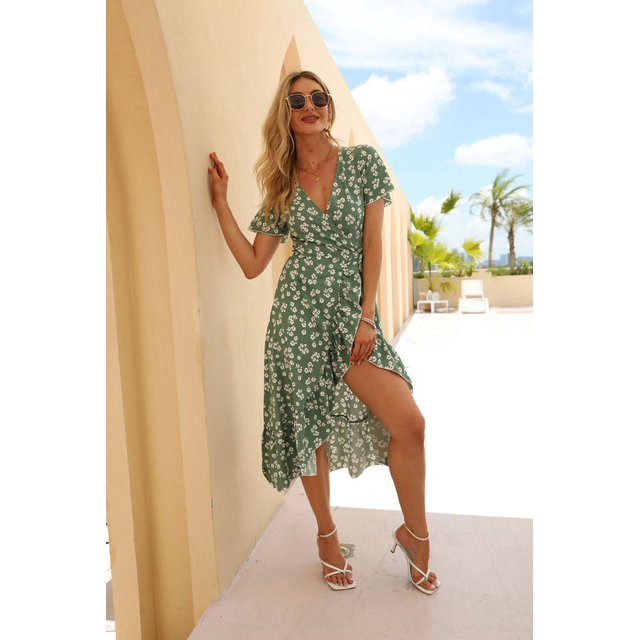 Robe Sexy en Chiffon pour Femmes Robe à Imprimé Floral Robe à Lacets Col en V Jupe de Plage Fendue à Volants Asymétrique Style Décontracté