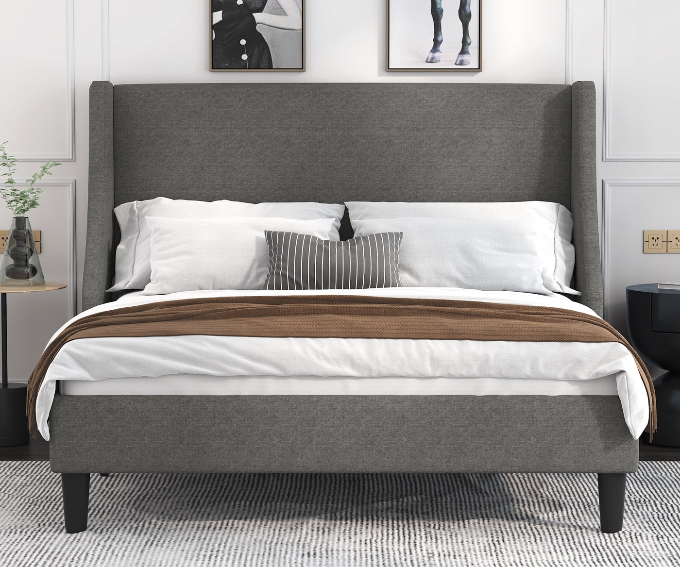 Allewie Full Size Fabric Upholstered Platform Bed Frame with Wingback Headboard, Light Grey