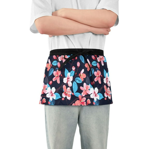Watercolor Flowers and Leaf Server Apron with 3 Pockets Waterproof Waitress Waist Short Apron for Man Woman 12 Inches