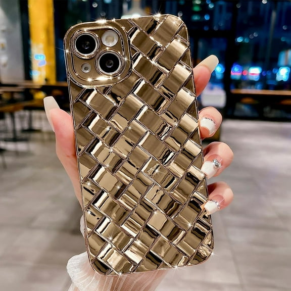 Compatible with iPhone 15 6.1 Inch, Fashion 3D Woven Pattern Plating Phone Case, Grid Printed case for Women Girls Soft Silicone Shockproof Camera Protective Back Cover-Gold